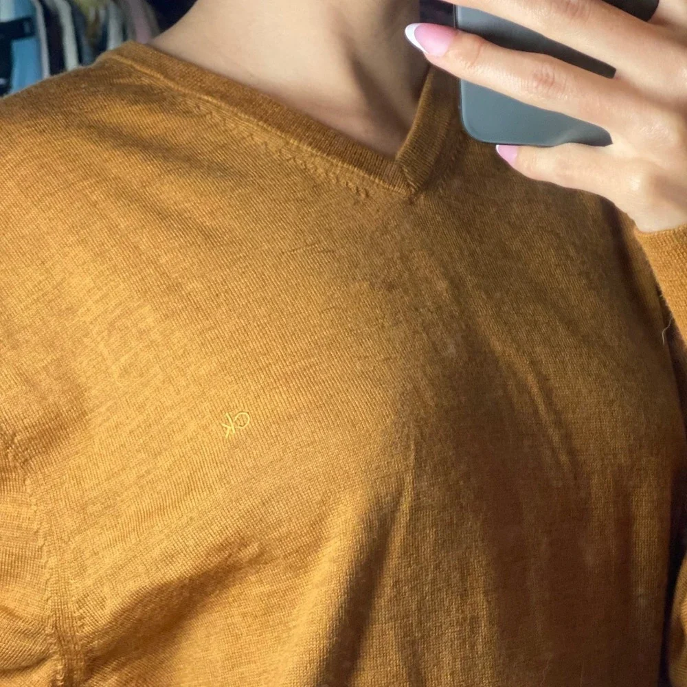 Calvin Klein 2XL Extra Fine Merino Wool Caramel Brown Preppy Minimalist Sweater